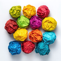 Colorful crumpled paper balls arranged on white background