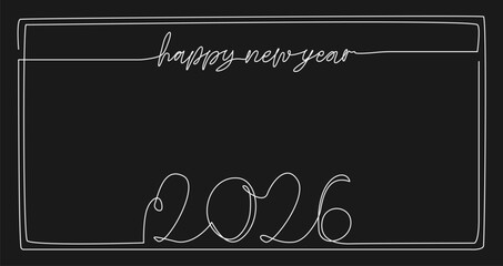 continuous line drawing, happy new year 2026 greeting card, line art vector illustration