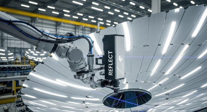 Robotic arm with advanced sensor inspecting large reflective parabolic dish, for precision engineering, quality control, automated manufacturing, technological innovation in industrial - Powered by Adobe