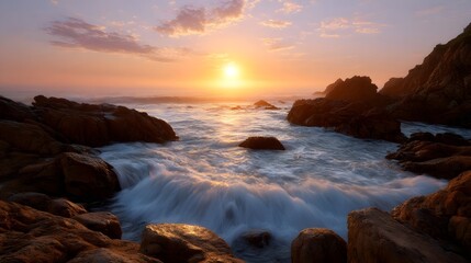 Golden sunset illuminates dramatic waves crashing against a rugged rocky coastline under a colorful twilight sky