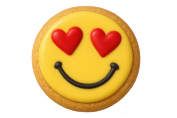 Cookie with heart eyes emoji icon smiling face, sweet dessert celebrating love and happiness on transparent background