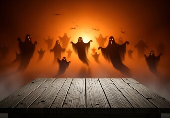 Spooky halloween night with ghostly figures and wooden table for festive design or party invitations