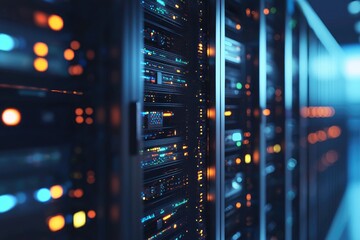 Futuristic AI data center with glowing orange and blue lights on metallic server racks representing advanced IT cloud computing infrastructure for digital technology backgrounds