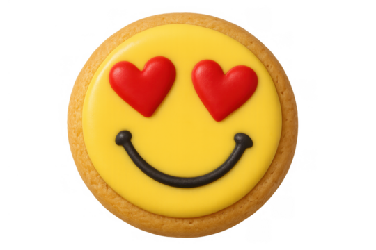 Cookie with heart eyes emoji icon smiling face, sweet dessert celebrating love and happiness on transparent background