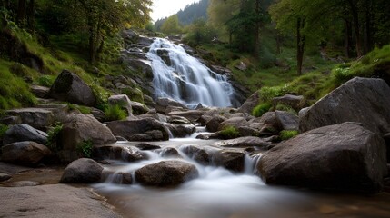 Gushing cascade waterfall with mist over mossy rocks at dawn serene forest landscape