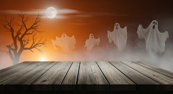 Spooky halloween night background with ghosts and full moon for festive decorations and digital creatives