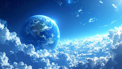 Dreamy planet view. Earth floats amidst fluffy clouds, bright blue sky, and twinkling stars, evoking a surreal, serene vista