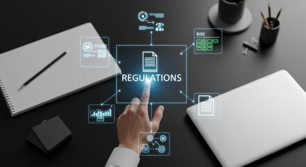 Businessman's finger touching virtual screen with 'regulations' with icons for risk assessment, data analysis, compliance, for corporate governance, legal adherence, business process
