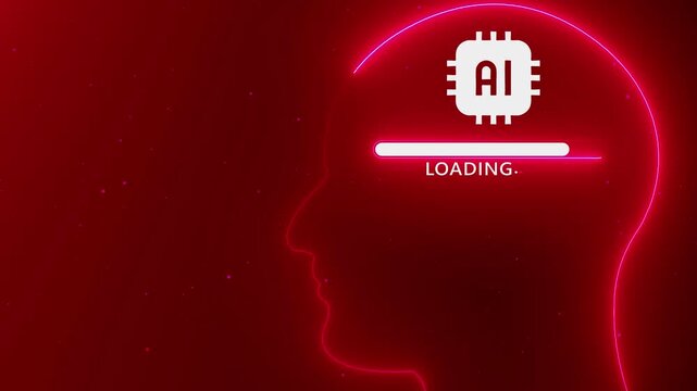 Neon human head silhouette with loading bar and AI chip icon on red background glowing outline