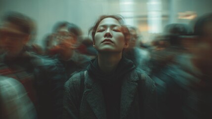 Person calmly breathing amid a blurred crowd, symbolizing peace in chaos.
