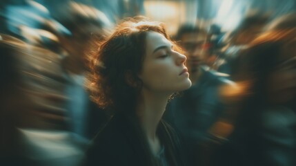 A person calmly breathes amidst a blurred crowd, symbolizing inner peace and focus.