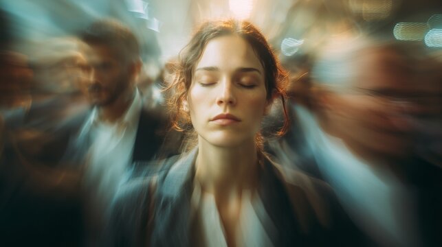 A woman calmly breathes amidst a blurred crowd, symbolizing focus and calm in chaos.
