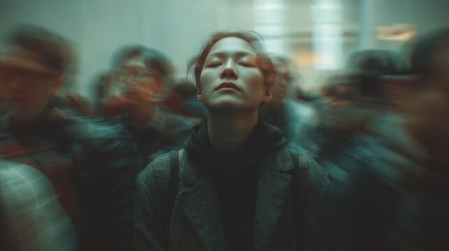 Person calmly breathing amid a blurred crowd, symbolizing peace in chaos.