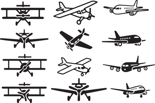 Collection of airplane illustrations in various styles and perspectives