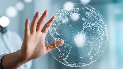 Professional hand interacting with a glowing digital globe representing global connectivity and technology concepts