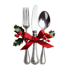 Silver cutlery tied with red ribbon and holly berries. Isolated white background. Png format