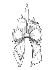 Candles vector illustration with bow and flames in engraving style. Liner drawing of candlelight for Christmas greeting cards or Xmas invitations. Outline etching for New Year design painted by inks.