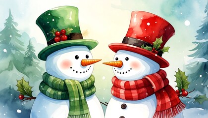 Festive Snowmen in a Winter Wonderland Watercolor Painting.