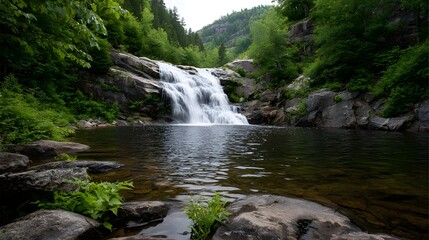 Fototapeta premium A powerful cascading waterfall flows over rugged rocks into a clear pool surrounded by lush green forest vegetation