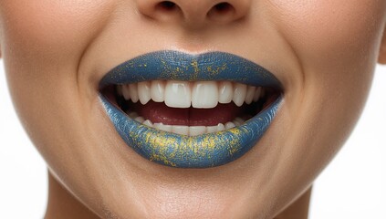 Obraz premium Festival of colors inspired blue and gold lips closeup, vibrant makeup art, smiling woman, holi celebration beauty trend