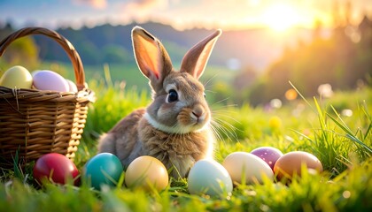 Easter bunny with colored eggs near a woven basket in a sunny grassy field, with a softly blurred background