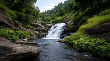 Naklejka premium A breathtaking waterfall cascades down moss covered rocks amidst lush green vegetation in a serene natural landscape