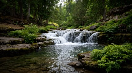 Fototapeta premium A serene forest waterfall cascades over mossy rocks surrounded by lush greenery