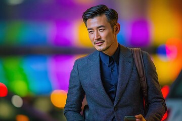 Digital dependency on the road to professional meetings. Elegant presentation. Busy professional engages with tech amidst airport hustle. Majestic beauty. Premium design.