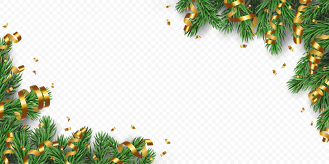 Vector frame with realistic pine tree branches, golden confetti and ribbons isolated on a transparent background. Holiday Christmas tree border garland for winter decoration banner, poster, greeting 