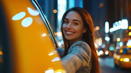 Happy businesswoman entering taxi with joy