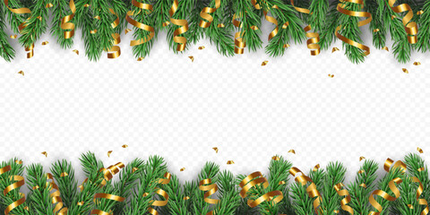 Vector frame with realistic pine tree branches, golden confetti and ribbons isolated on a transparent background. Holiday Christmas tree border garland for winter decoration banner, poster, greeting c
