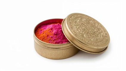 Traditional brass box with vibrant holi colors powder for festival of colors celebration and indian cultural festivities