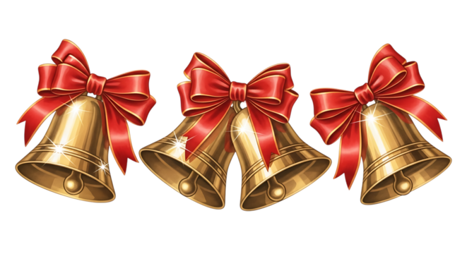 Three golden christmas bells with red bows isolated on transparent background