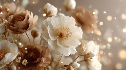 Chic, elegant and delicate bouquet of white and champagne gold flowers on soft beige background, glowing light particles