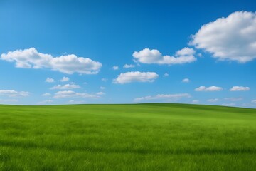 Naklejka premium Wide open grassy field with rolling hills and scattered clouds, evoking peace, nature, and environmental beauty.