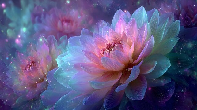 Chic, elegant and delicate background with 3d tender pink blue and purple magic flowers, divine light cosmic 