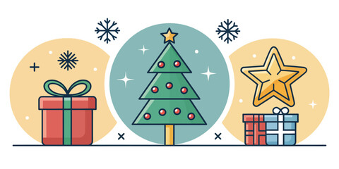 Vector illustration of christmas  illustration of christmas tree gifts and star with festive elements