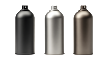 Three aerosol spray paint cans different metallic colors