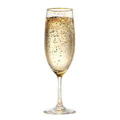 Golden champagne flute with festive sparkles. Isolated white background. Png format