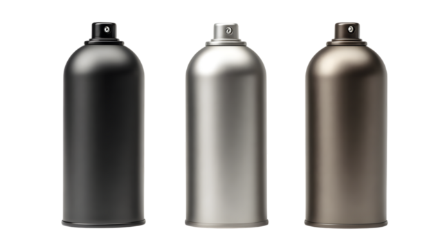 Three aerosol spray paint cans different metallic colors