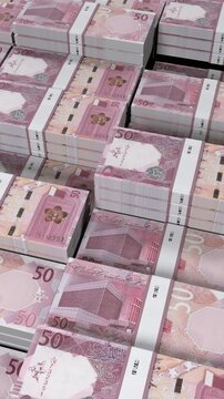 Qatar 50 Riyal Banknote Vertical (Mobile) 3D Animation ? Money Flow, Finance, Economy, Business, and Banking Visualization in Realistic 3D Motion for Mobile Displays