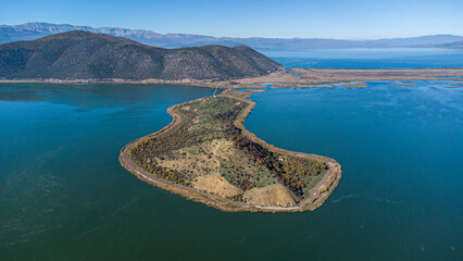 Prespa National Park. Greece. Agios Achillios Drone Shot. Amazing Lake. Island