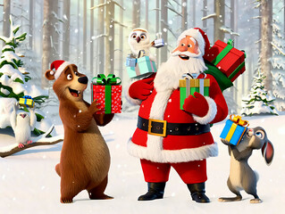Santa Claus celebrates Christmas with forest animals in a snowy fairy forest, giving gifts and dancing near the Christmas tree.