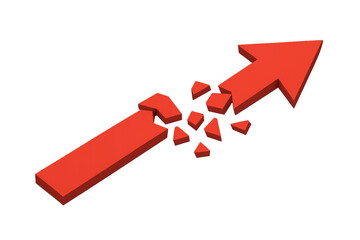 Red arrow breaking and shattering into fragments, representing a downward trend, recession, problem, loss, or obstacle in progress