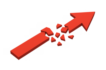 Red arrow breaking and shattering into fragments, representing a downward trend, recession, problem, loss, or obstacle in progress