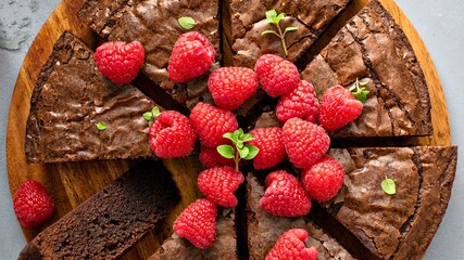 Decadent chocolate brownie slices topped with fresh raspberries