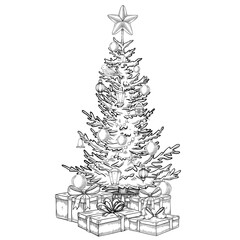 Vector Christmas Tree with garlands, ornaments and gift boxes. Linear illustration with Spruce and presents for Holiday Xmas Greeting Cards and New Year Invitations. Outline Drawing for party design.