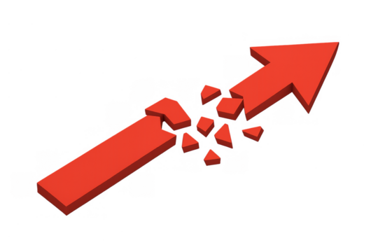 Red arrow breaking and shattering into fragments, representing a downward trend, recession, problem, loss, or obstacle in progress