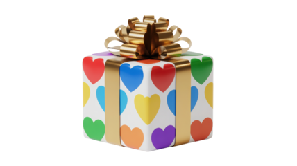 A brightly colored gift box adorned with a rainbow of heart shapes and a golden ribbon bow isolated on transparent background