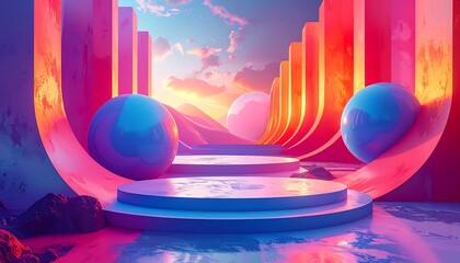 Dreamy vaporwave sunsetscape. Abstract geometric forms. Platforms and spheres in a vibrant pastel palette